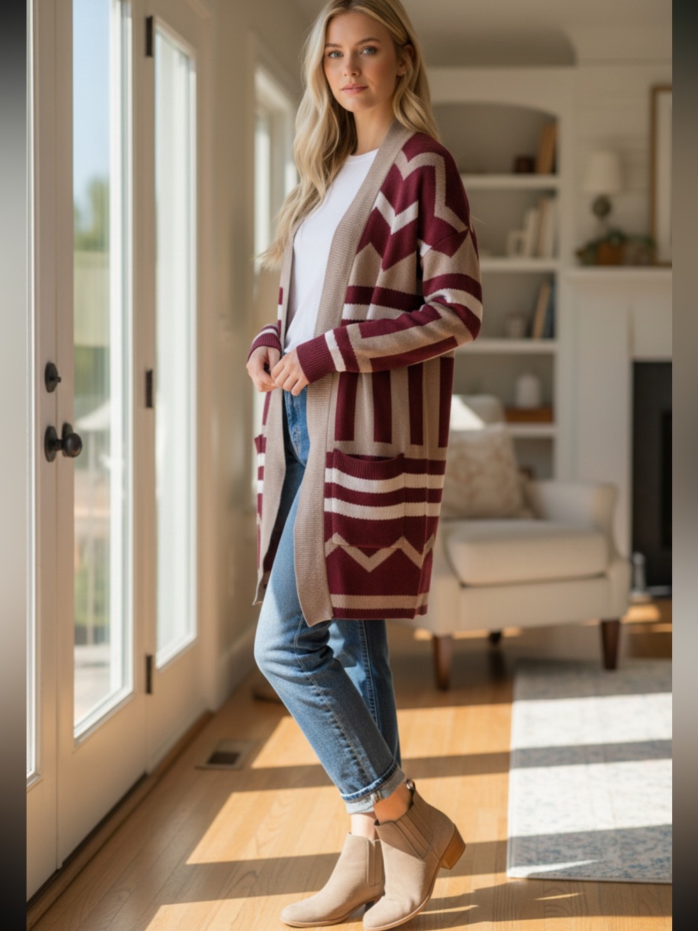 Leo & Nicole Burgundy and Taupe Geometric Open-Front Cardigan